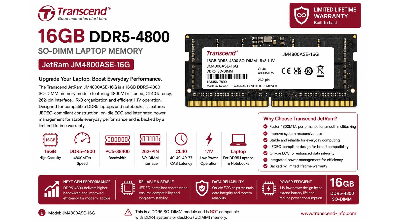 Transcend JetRam JM4800ASE-16G, 16GB DDR5-4800 SO-DIMM Laptop RAM, 4800MT/s, CL40, 262-Pin, 1.1V with Warranty | JM4800ASE-16G
